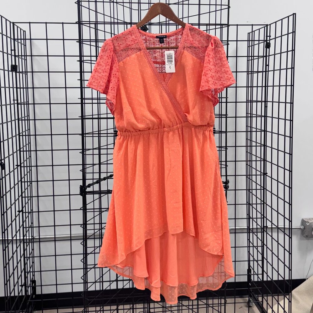 Torrid High-Low Orange Chiffon Polka Dots Cap Sleeve Dress Size 00 NWT
